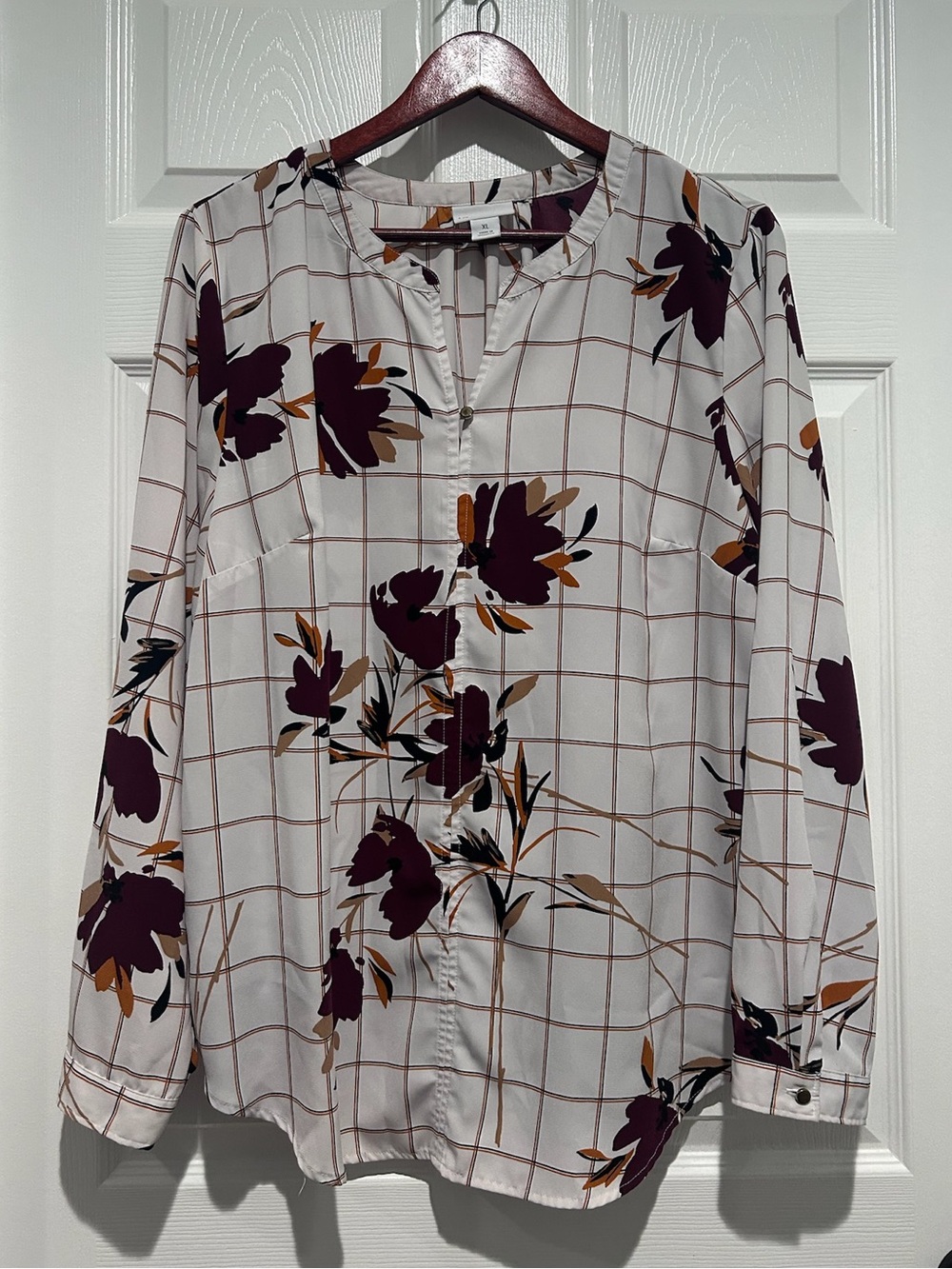 Liz Claiborne Floral Windowpane Plaid Blouse XL Long Sleeve Split V-Neck Boho